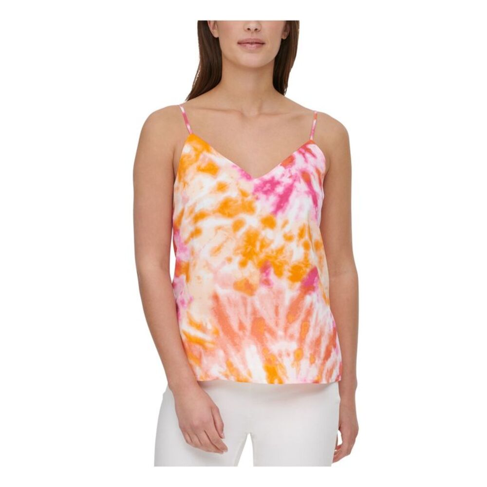 CALVIN KLEIN Womens Orange Tie Dye Spaghetti Strap V Neck Cami Top XS